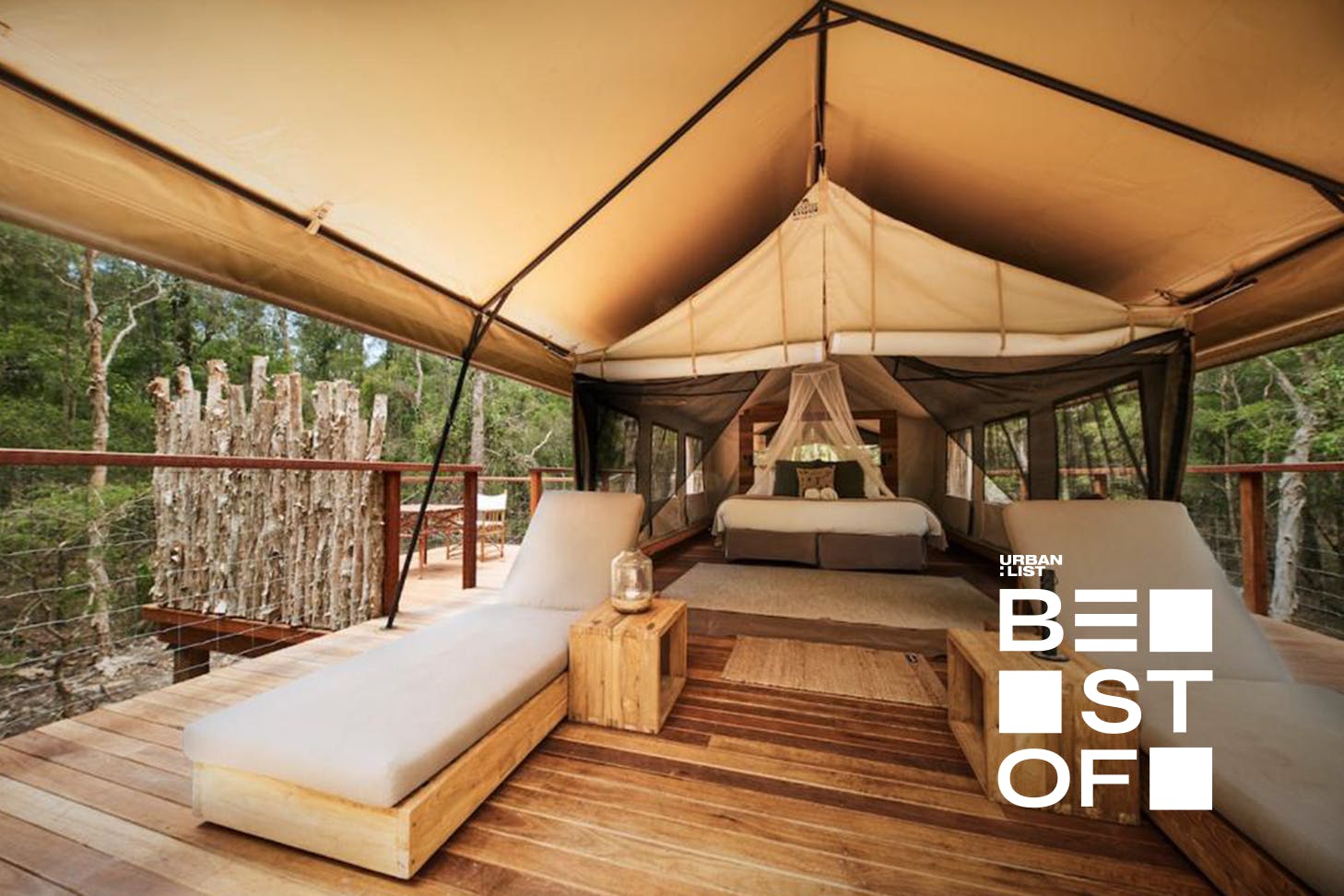 A safari-style glamping tent at Paperbark Camp, one of the best glamping spots near Sydney NSW